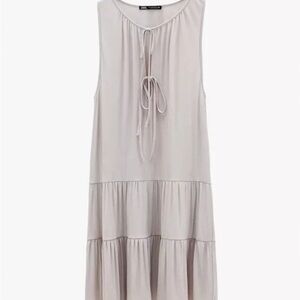 ZARA TIERED SLEEVELESS DRESS BEIGE LARGE